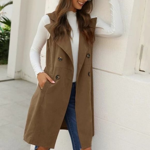 . Jackets & Blazers - Double Breasted Pocket Side Vest Coat - Khaki Brown